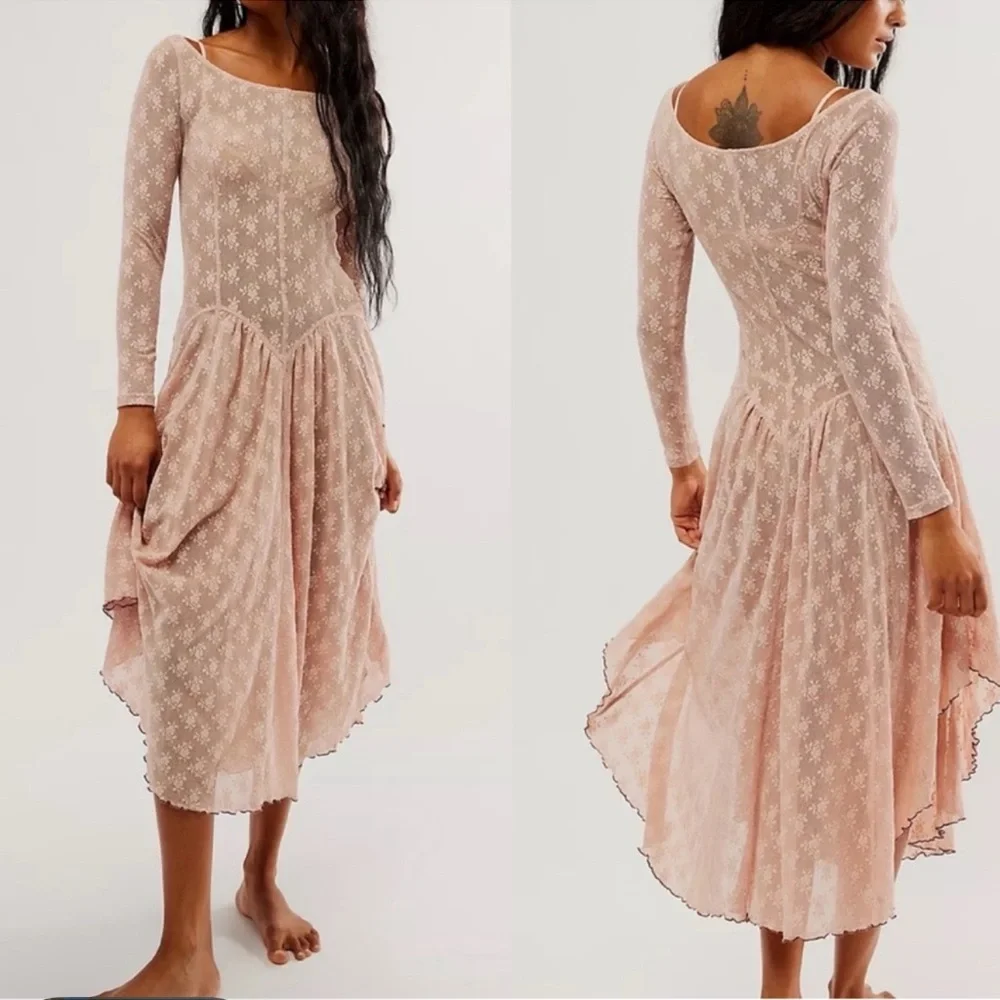 Free People Boho NWT Dial For Drama Dusty Rose Lace Midi Slip Dress | Size Med - Picture 1 of 12